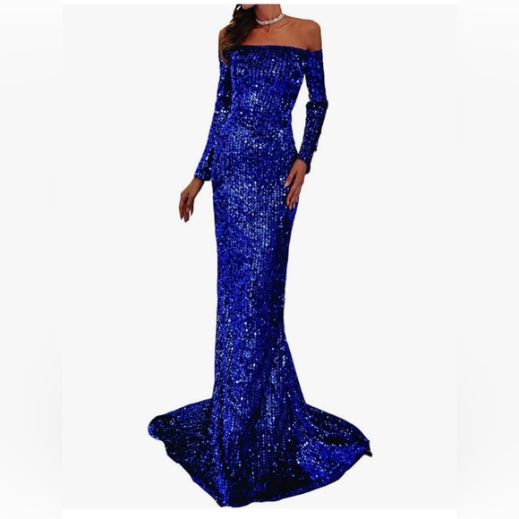 Sequin off shoulder mermaid cocktail formal gown dress - Picture 3 of 10